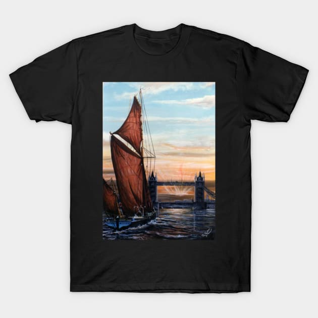 THAMES SAILING BARGE DANEBURGE, SAILING TOWARDS TOWER BRIDGE AT SUNSET T-Shirt by MackenzieTar